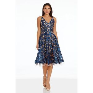 Dress the Population Blair Dress Size M Navy Nude Sequin Baroque Lace Formal